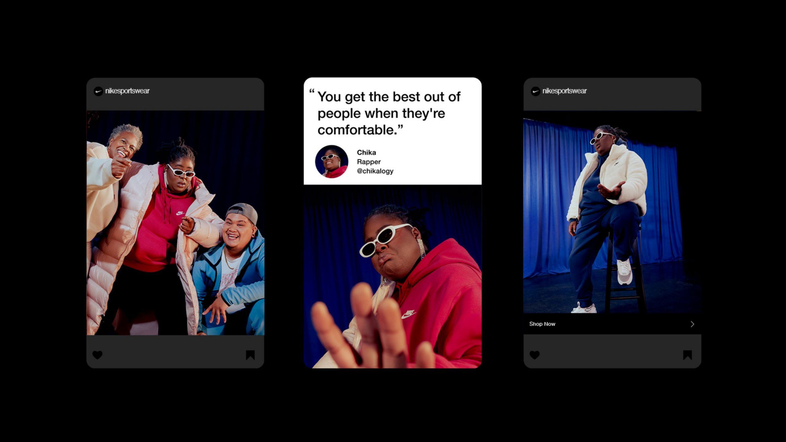 Three instagram posts featuring Chika, Rapper, posing with sunglasses and Nike Fleece clothing. You getht he best out of people when they're comfortable.