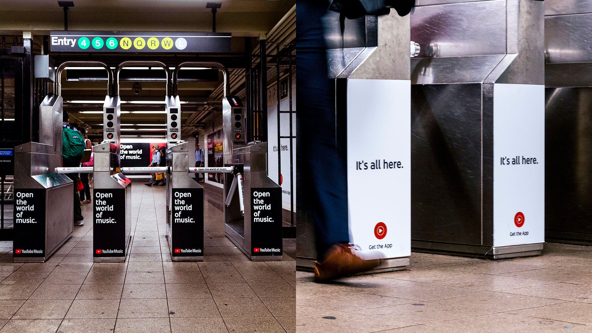 YouTube Music ads on turnstiles in Union Square. Open the world of music. It's all here.