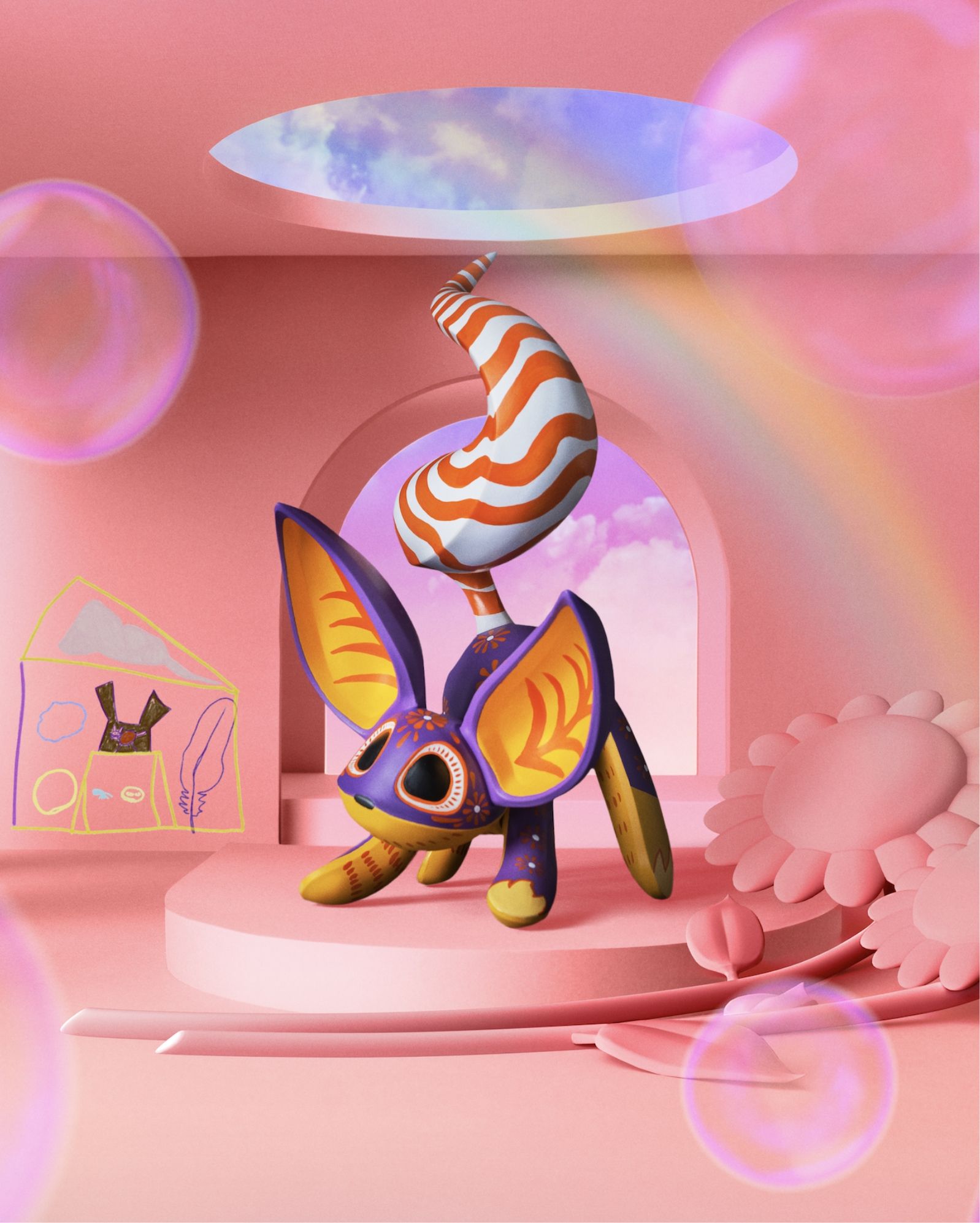 3d rendering of cat animo in pink room with rainbow