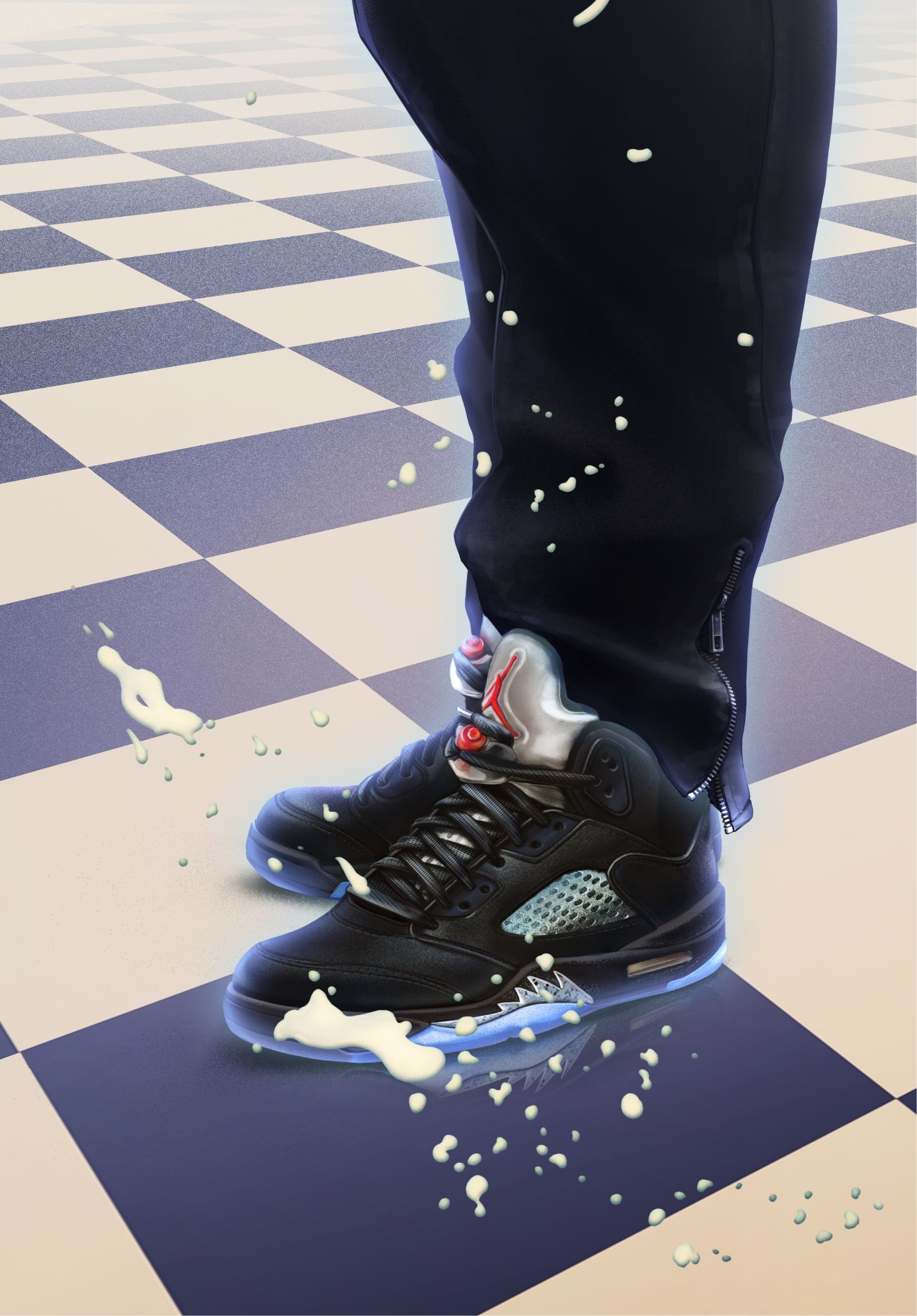 rendering of someone wearing Jordan V black sneakers on a black and white checkered floor. Milk is being spilled onto the shoes