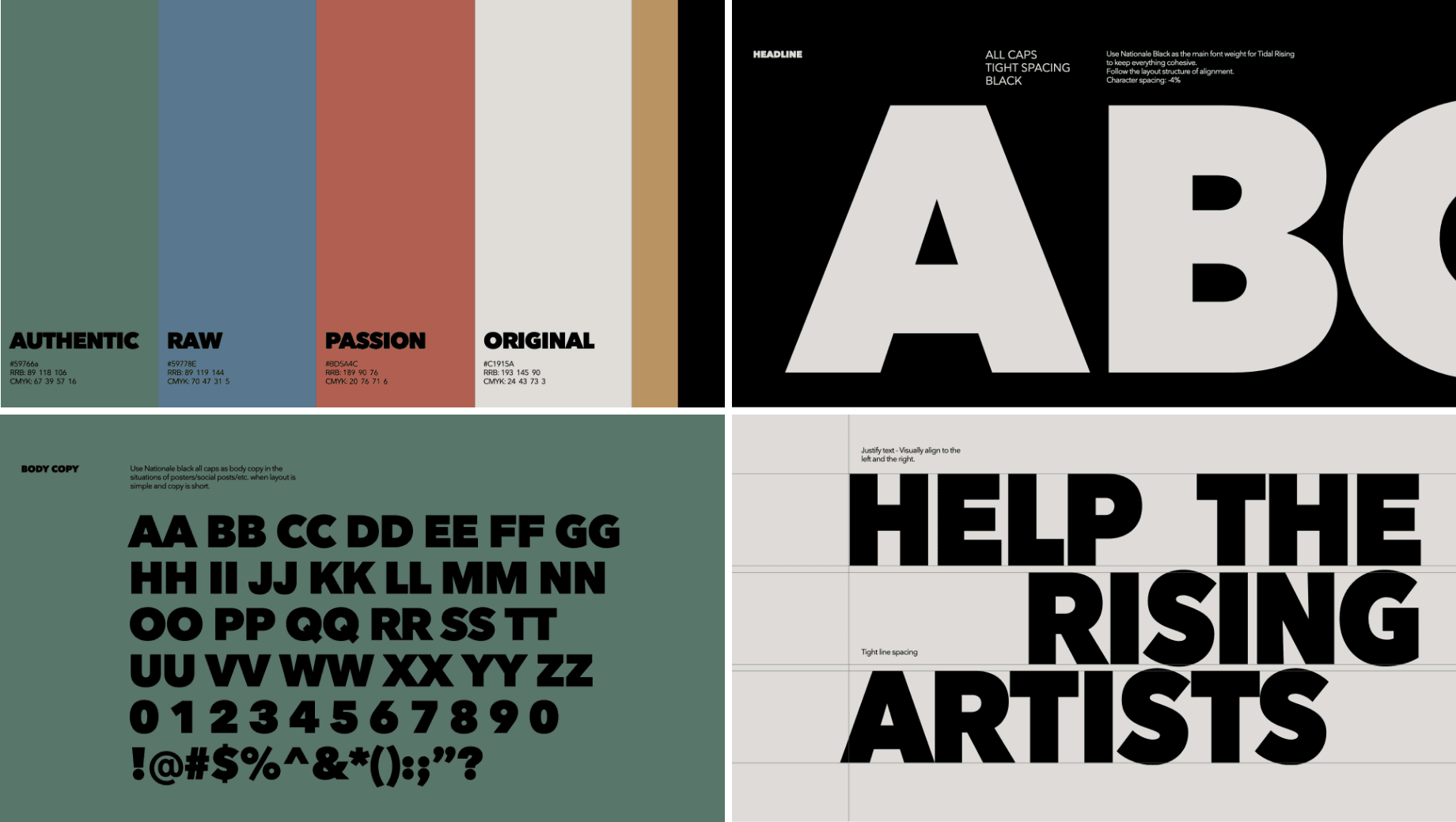 Title Rising style guide close up. Colors listed as Authentic, Raw, Passion, Original. Headline All Caps Tight Spacing Black, Body Copy. Justify -text- Visually align to the left and the right