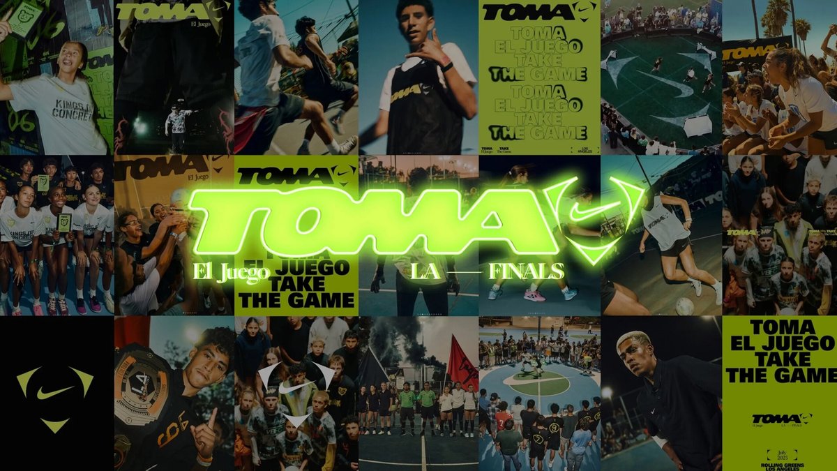 Collage featuring athletes, games, and crowds with the text "TOMA EL JUEGO TAKE THE GAME LA FINALS" and prominent neon-green "TOMA" logo at the center.