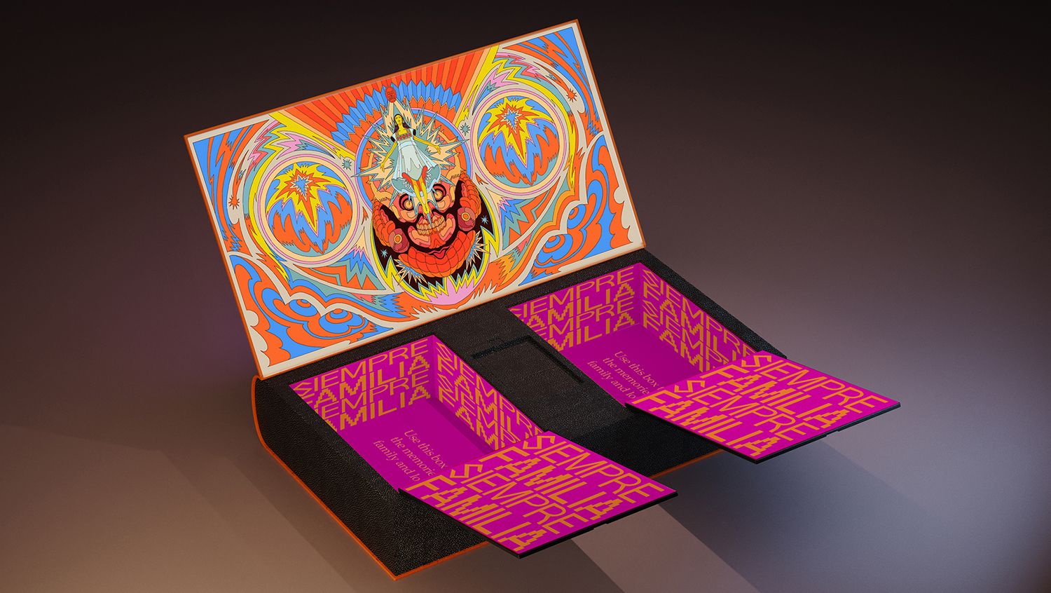 Box for Dias de Morte Jordans featuring colorful illustration from video and mythology