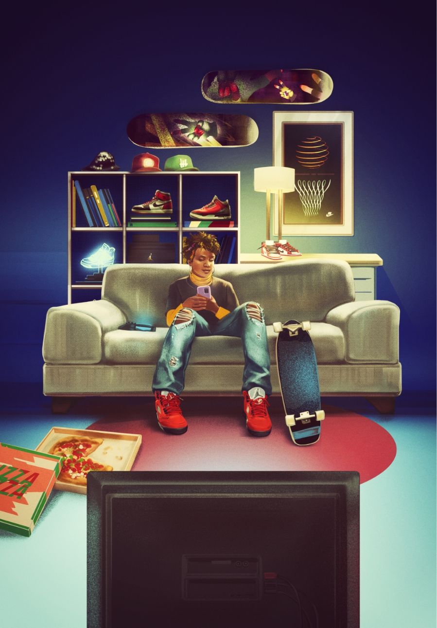 Rendering of person sitting on couch with Red Jordan V sneakers on and a black sparkle skateboard next to them