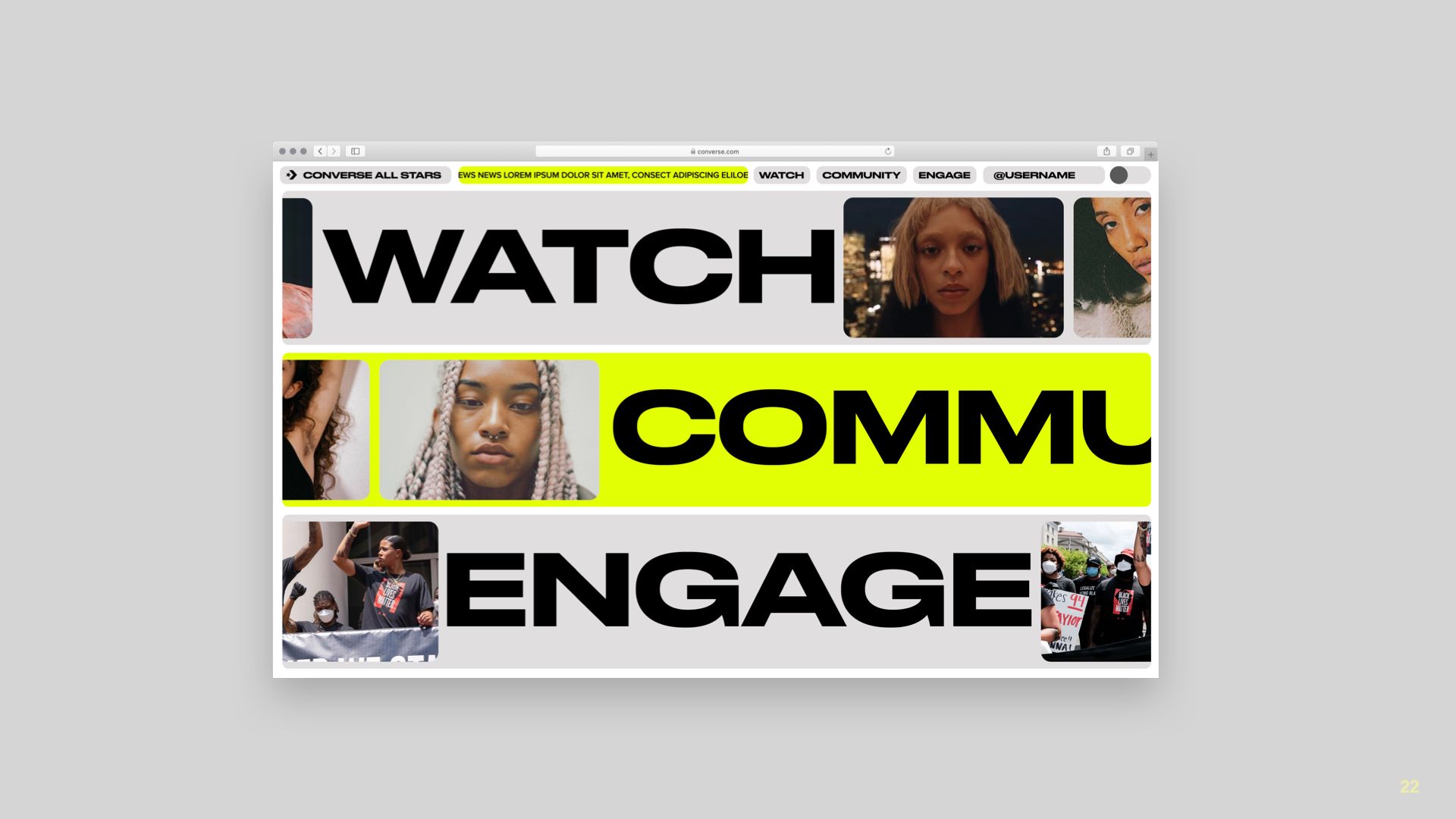 Screenshot of converse.com WATCH. COMMUNICATE. ENGAGE. in bold letters with people's faces